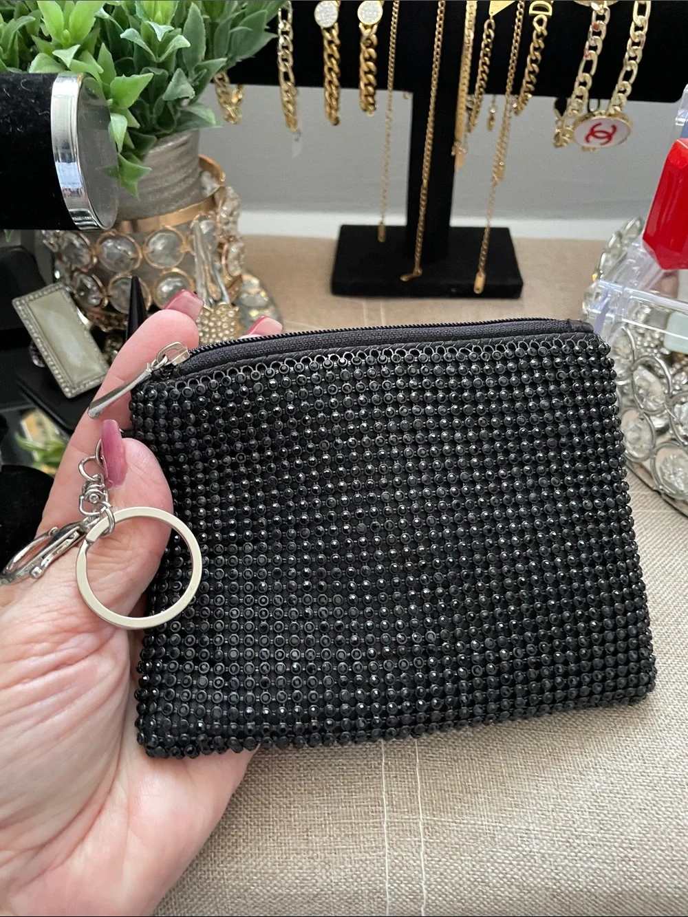 ✨🖤Black Beaded Shimmery Zip Wristlet Key Pouch 🖤✨NEW
